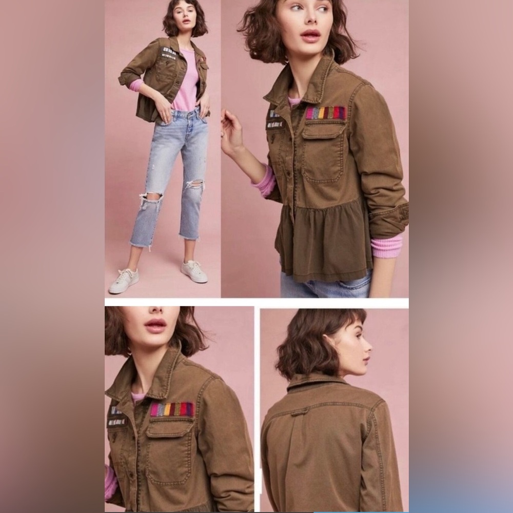 Anthropologie Peplum Embellished Military Jacket Beaded Embroidered Green Sz S